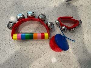 3-Piece Children's Musical Percussion Set including Multi-Colored Handle Bell Ra